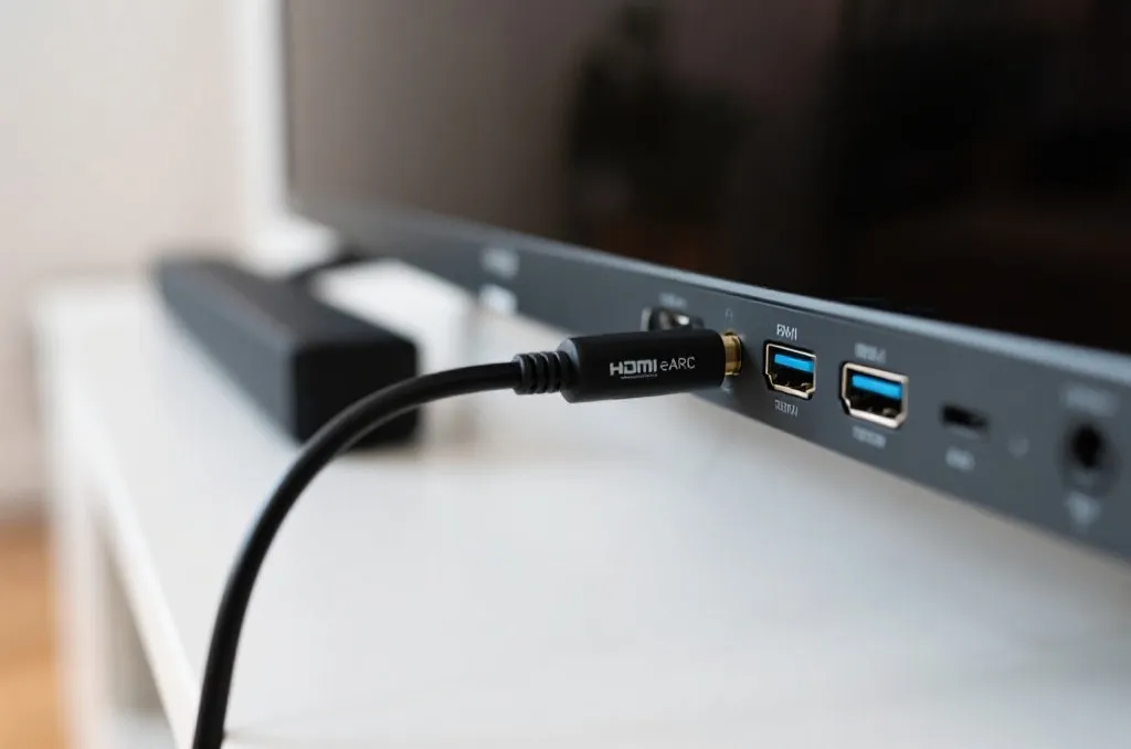 Close-up view of the back of a modern television showing HDMI ports, with one cable labeled HDMI eARC plugged in, connecting to a premium soundbar system in a clean, minimalist home environment.